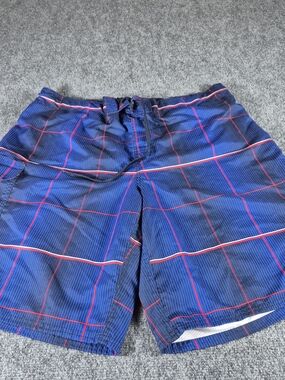 OP Ocean Pacific Board Shorts Mens XL Navy Blue Red Plaid Swim Trunks Cargo Pock